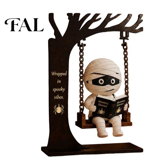 Indoor Outdoor Halloween Decorations Funny Swing Ornament, Witch/Skeleton/Mummy/Pumpkin Ghost Sitting on Hanging Decoration Reading Book Figurine for
