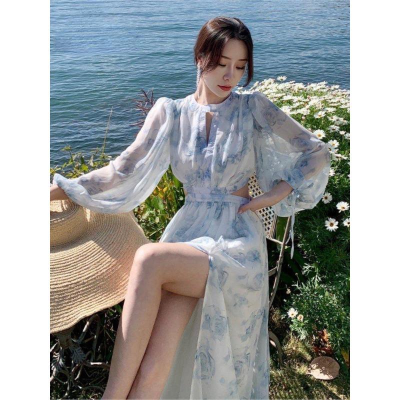 Винтажное пляжное платье миди с цветочным принтом, женское элегантное открытое корейское праздничное платье с разрезом, женское повседневное платье феи с длинными рукавами