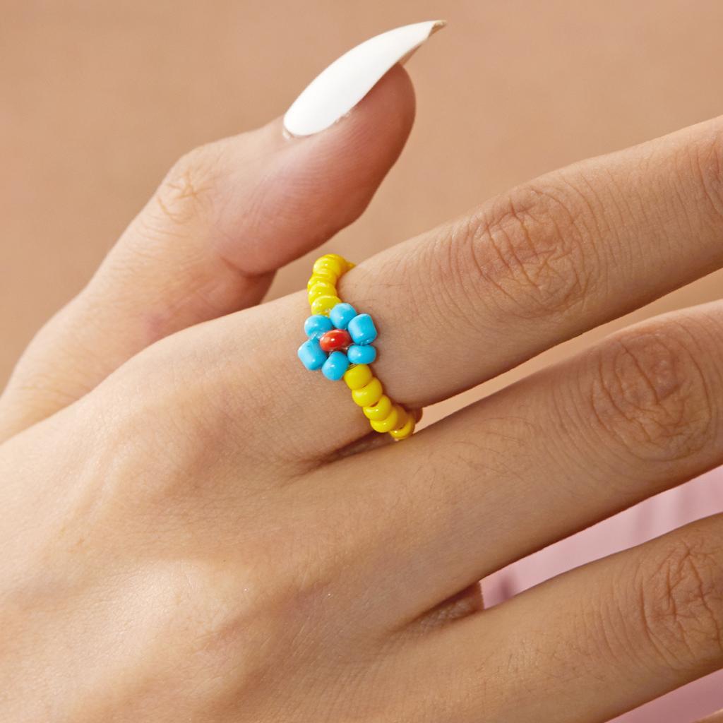 Bohemian Handmade Colorful Crystal Beaded Imitation Pearl Rings Continuous Circle Minimalist Wedding Promise Stacked Finger Ring