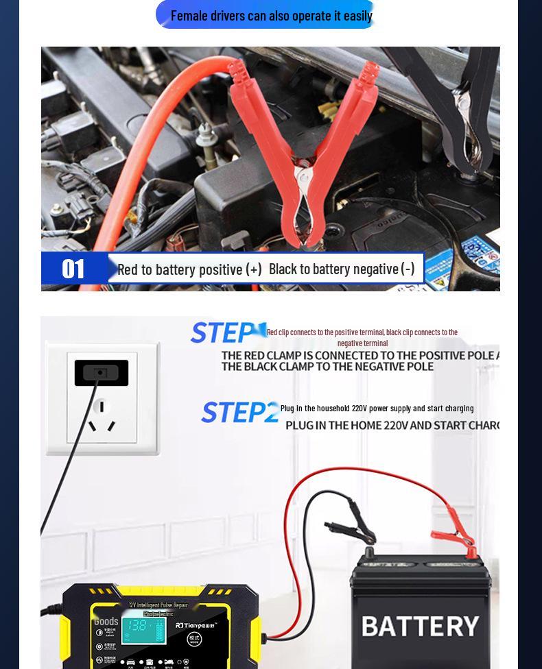 12V 6A Smart Car & Motorcycle Battery Charger with Pulse Repair