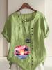 Women's Fashion Heart-shaped Scenery Printing Shot Sleeve T-shirt Loose Cotton Shirt Casual Loose Summer Blouse Tops Plus Size