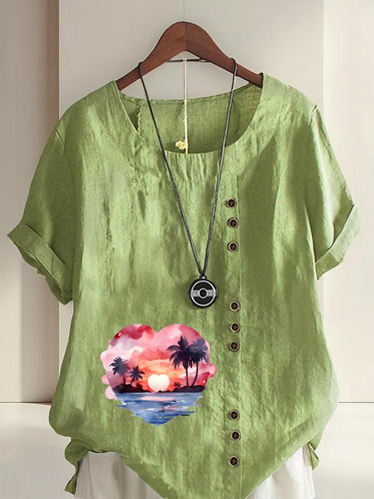 Women's Fashion Heart-shaped Scenery Printing Shot Sleeve T-shirt Loose Cotton Shirt Casual Loose Summer Blouse Tops Plus Size