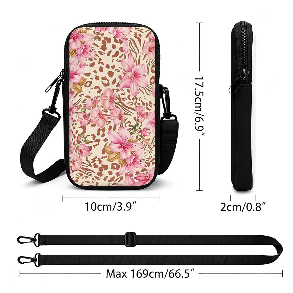 2D-Floral Leopard Print Crossbody Phone Bag, Adjustable Removable Strap Lightweight Zipper Small Shoulder Purse for Women Daily Travel