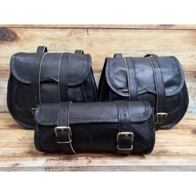 Leather Saddle Bags Motorcycle Bag Black Leather Pouch Saddlebag Motorbike Tool Pouch Set of 3 Bags Saddle Leather Bag
