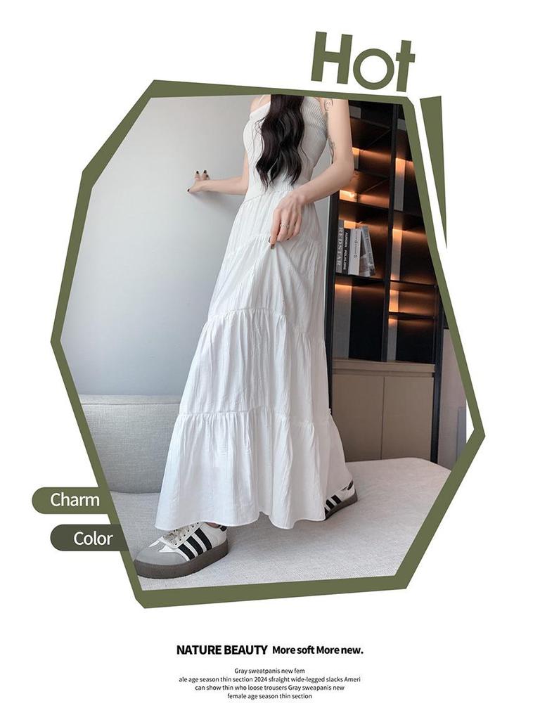 White A-line High Waist Pleated Long Skirt for Women - Spring/Summer 2026 Slimming Petite Layered Umbrella Design