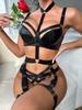 Yimunancy PU Leather Gothic Lingerie Set Women Black Cut Out Halter Bandage Erotic Set