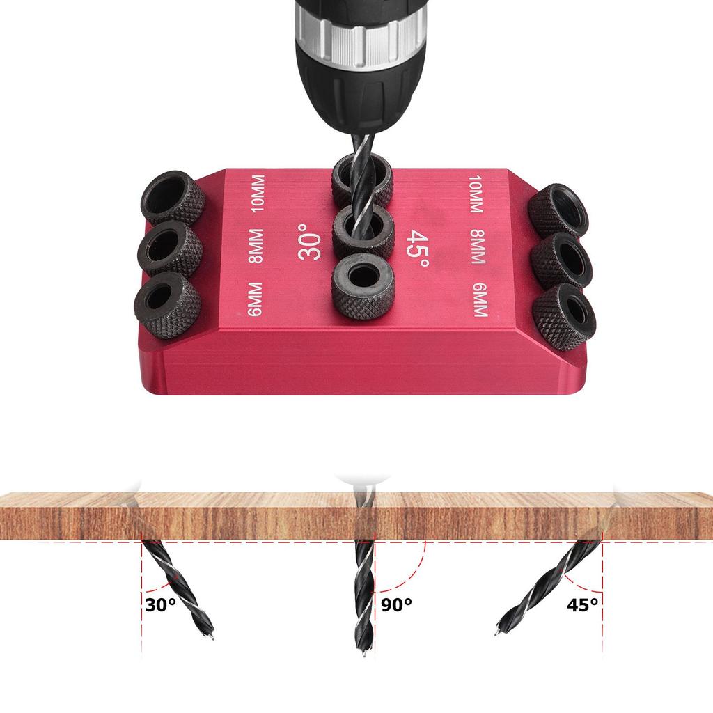 3pcs Drill Bits 6mm 8mm 10mm Drill + 30 45 90 Degree Guide Jig Drill Guide Pocket Hole Jig Woodwork Guides Multi Angle Positioner for Woodworking