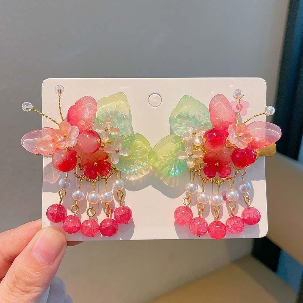 1 Pair Floral Tassel Pearl Bunny Hair Clips Vibrant Color Fairy Hairpins Hanfu Hair Clips Festival