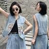 Summer Women's Embroidery Denim Vest, Bohemian Style Sleeveless Jean Jacket