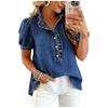 New Washed Denim Shirt for Women, Puff Short Sleeve Ruffled Button Down Ruched Denim Blouse Top
