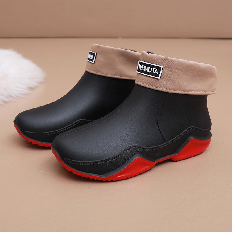 Rain shoes female adult fashion outer wear short tube couple rain boots warm flat waterproof kitchen work car wash rubber shoes male