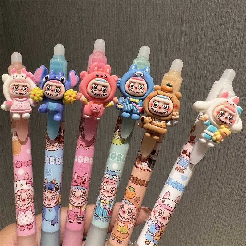 6 Pcs/set Cute Labubu Pendant Pen Erasable Gel Pen Capybara Retractable Erasable Pen Quick-Drying St Head Writing Pen