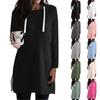 Women's Solid Color Loose Shirts Long Sleeve Drawstring Hoodies Knit Side Slit Tunic Hooded Tops With Pocket