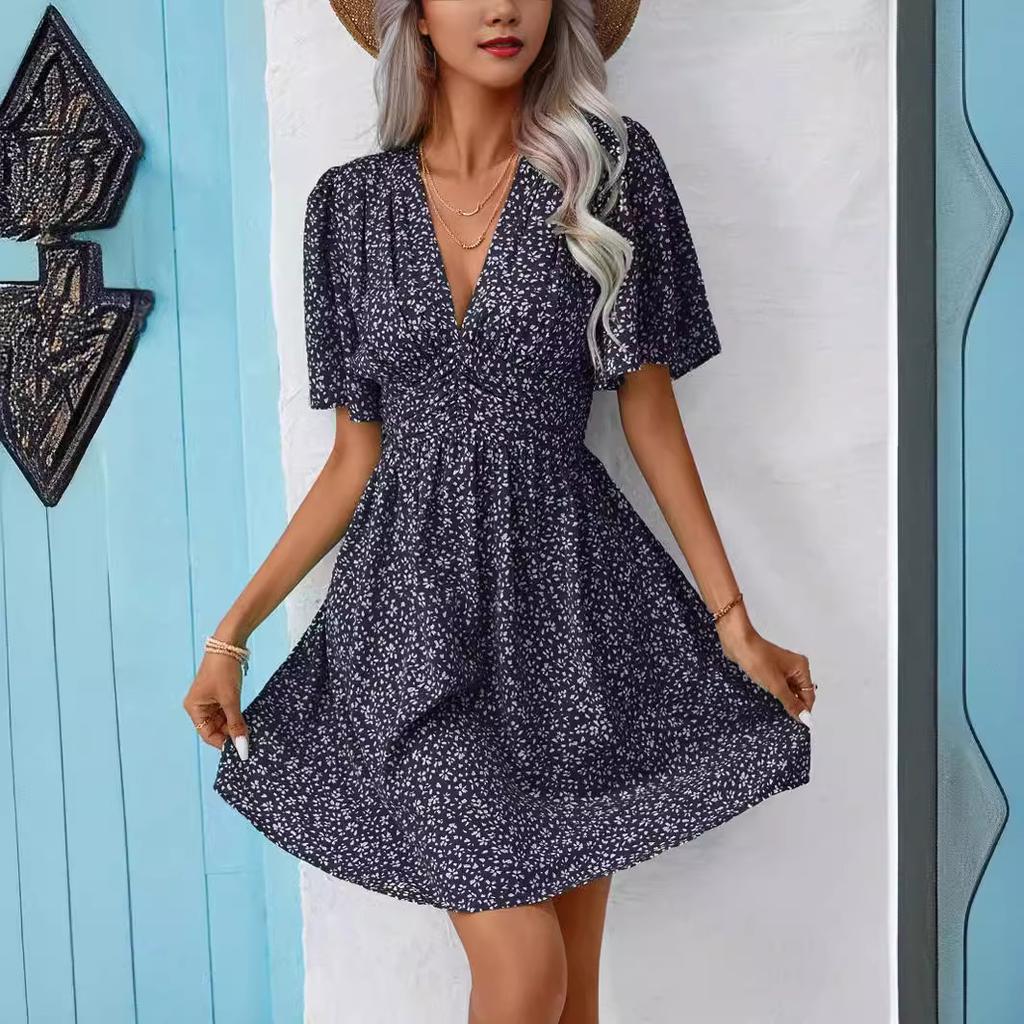YYFS Women's Fashion Summer Spring Flower Pattern Print Short Sleeve V-Neck High Waist Casual Dresses