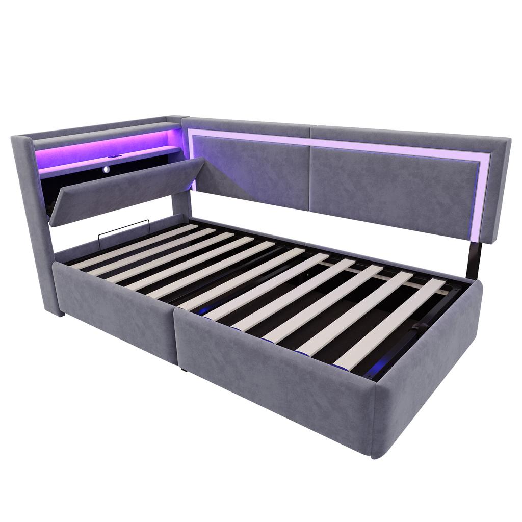 Upholstered Sofa Bed 90x200 cm With LED Lighting and USB Charging Ports. Headboard Opens Storage. Hydraulic Storage Under Bed, Velvet Fabric Dark Grey