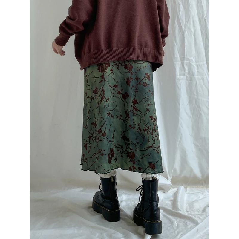 Винтажная длинная юбка, зеленая женская юбка с цветочным принтом Y2K, модная уличная гранж-мода, элегантная юбка до середины икры, корейская мода 2000-х годов