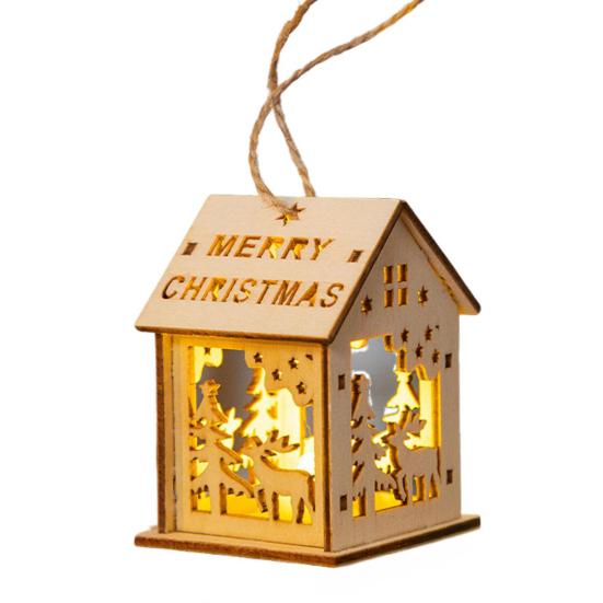 Wooden Christmas Decor with LED Light 3D Carved Hanging Wood Star/Village House/Bell/Gift Box Ornament for Xmas Tree Decor