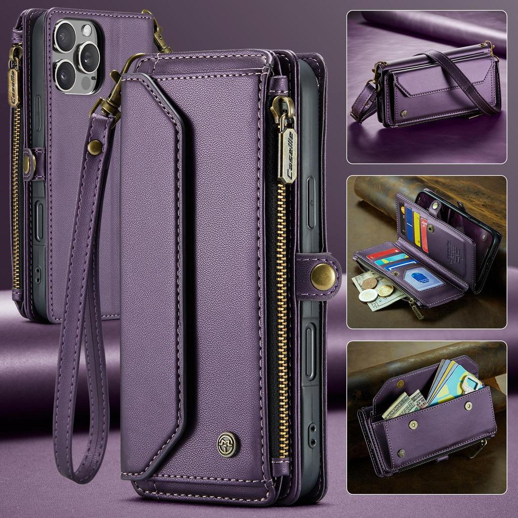 CaseMe (C36) Кошелек-чехол через плечо для iPhone 13 14 15 16 Pro Max с молнией, ремешком на запястье, многофункциональный, книжка, из ПУ кожи, с отделениями для карт, чехол-защита