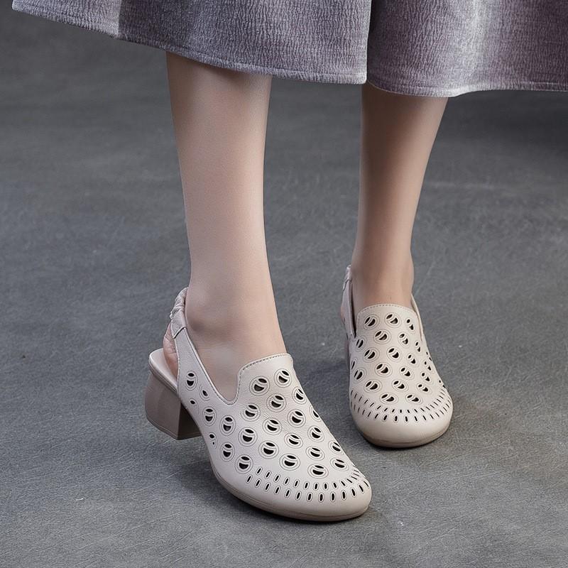 Johnature Round Toe Hollow-out Breathable Thick Heel Sandals Retro Versatile Commuting Women's Shoes