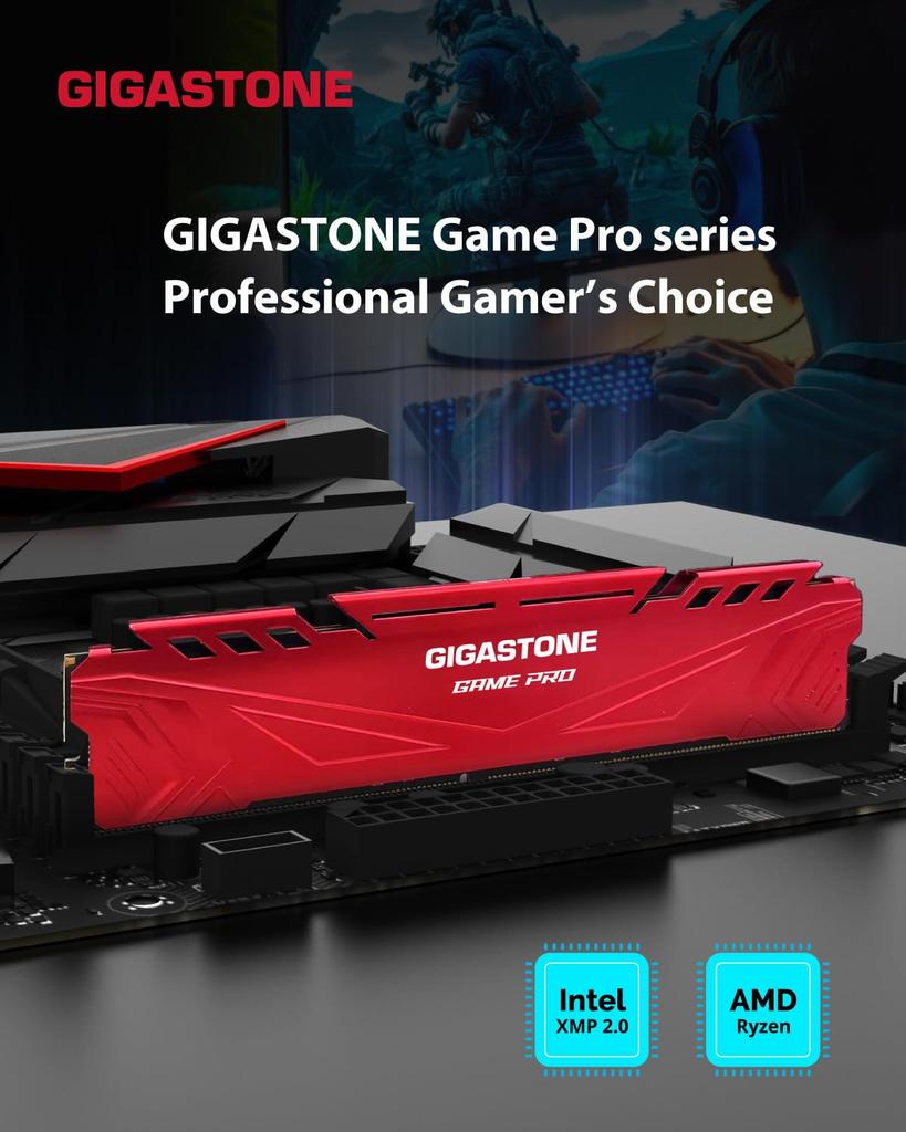 GIGASTONE Game PRO 16 ГБ x 4 DDR4 3200 МГц CL Intel XMP AMD Ryzen UDIMM Без буферизации Игровой модуль памяти для настольного ПК Красный (Комплект 64 ГБ) PC4-25600 16-18-18-40 2.0