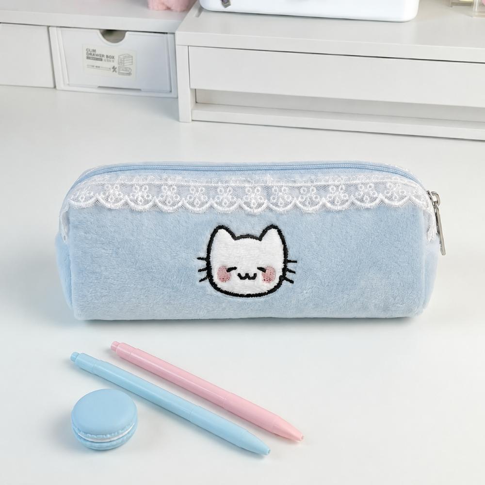 Plush Pencil Case Cat Embroidery Pencil Pouch Kawaii Stationery Pouch  School Supplies
