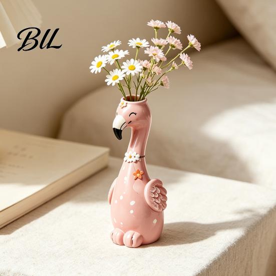 Decorative Aesthetic Room Decor Cute Resin Flamingo Vase, Pink Flower Holder Figurine, Unique Housewarming Gifts Tabletop Ornament for Dried