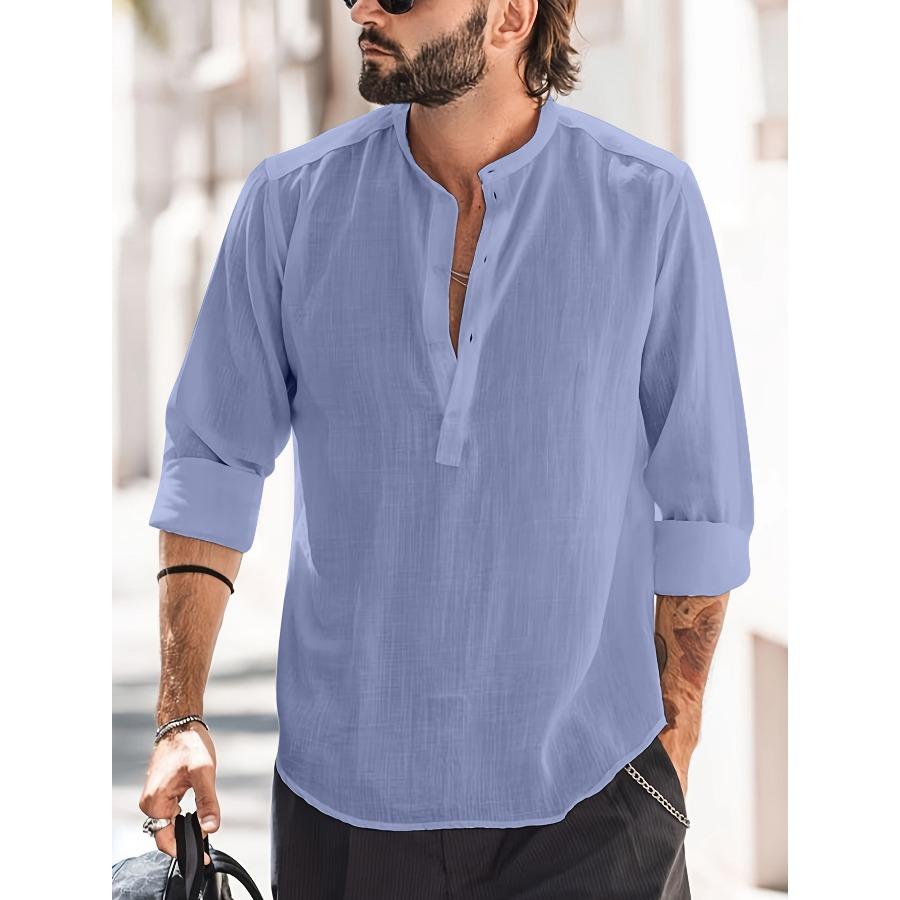 Men Henry Shirt Men's Casual Thin Cotton Linen Shirt White Black Khaki Stand Up Collar Straight Solid Color Long Sleeve Top