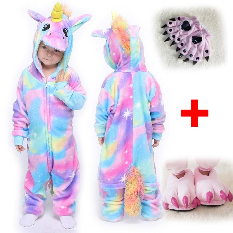 Kids Boys Girls Unicorn Pajamas Sleepwear Nightwear Animal Cosplay Funcy Costume with Gloves and Slipper