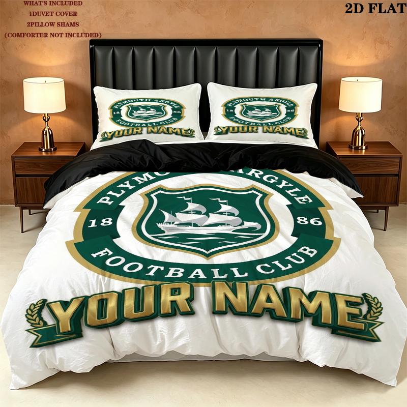 Custom Name Plymouth Argyle Pattern Bedding uilt Set uilt Cover Pillowcase Home Decoration Birthday Gift(1*duvet cover + 2*pillowcase without core)