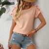 Women's Spring and Summer New Solid Colour Round Neck Button Short-sleeved T-shirt Hollowed Out Tops