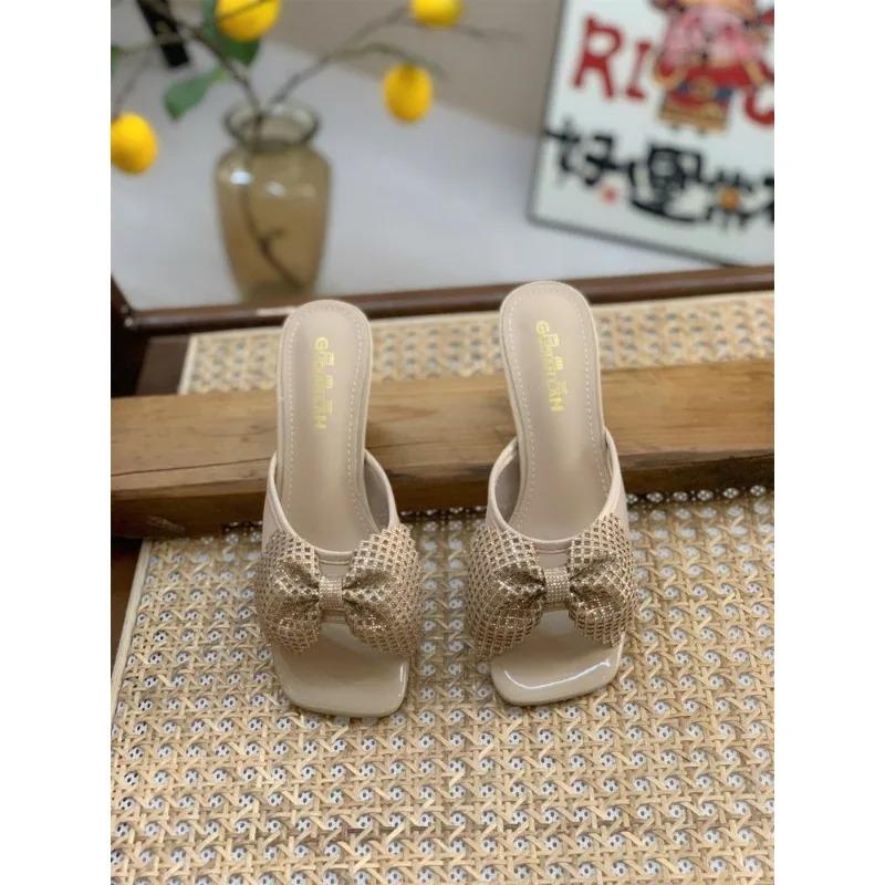 Модные женские туфли с сетчатым бантом на высоком каблуке, новые французские повседневные полые женские сандалии, дизайнерские повседневные женские тапочки