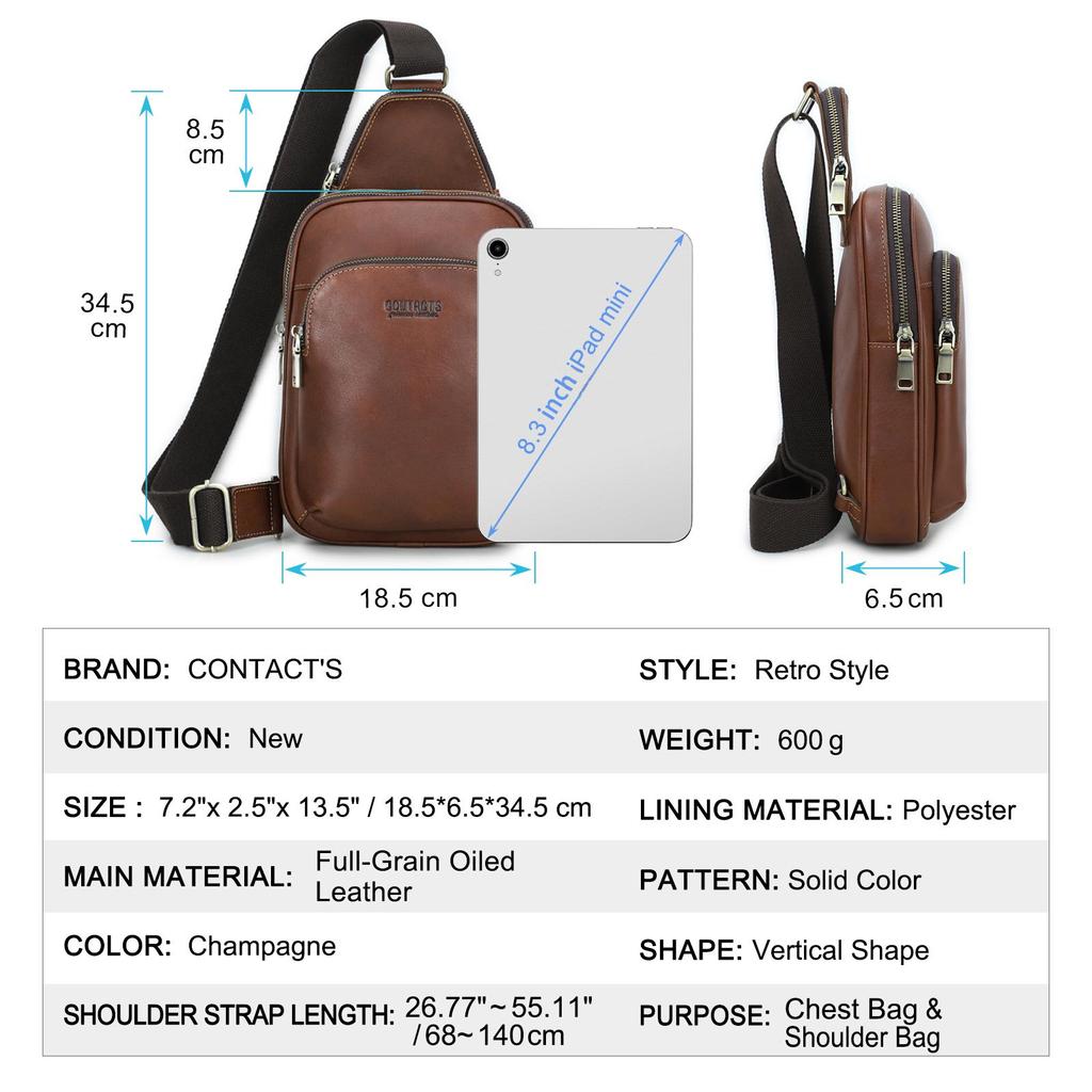 CONTACT'S Genuine Leather Chest Bag Casual Crossbody Bag Travel Shoulder Backpack Men's Leather Multifunctional Bag