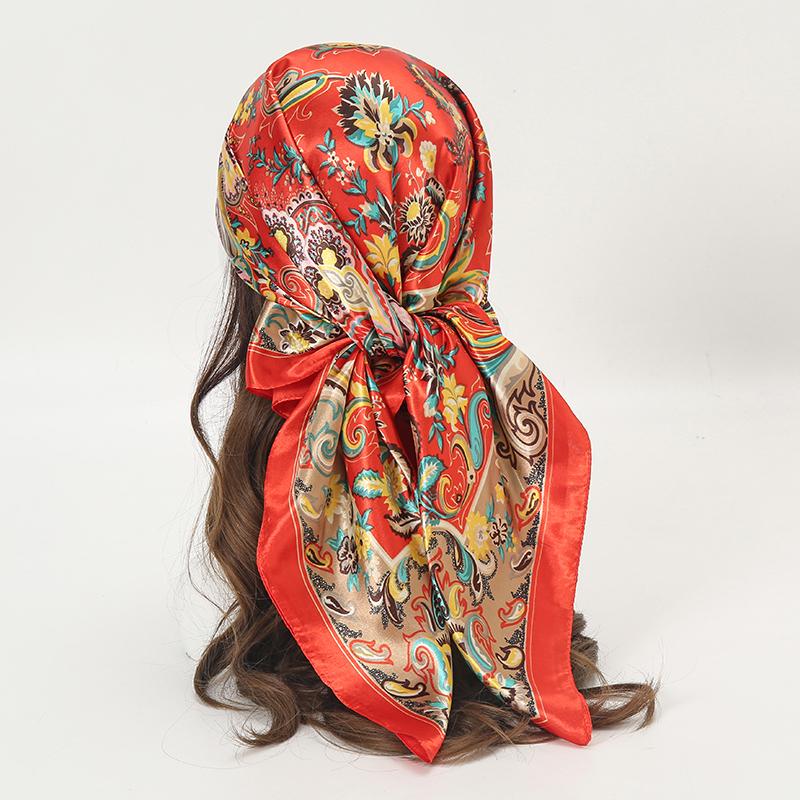 Satin Square Scarf Women Muslim Hijab Elegant Print Silk Neckerchief Shawl Wraps Headband Handle Hair Accessories Bandana