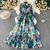 Diamond Embedded Gemstone Collared Long Dr Women's Slimming Beautiful Holiday Print Full Dresses A-Line Woman Dress