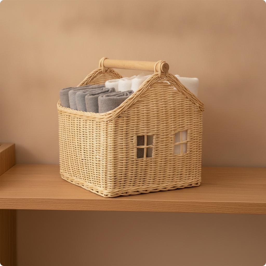 House-Shaped Basket Decorative Wicker Basket with Handle Rustic Stylish for Children, Tabletop, Bookshelf