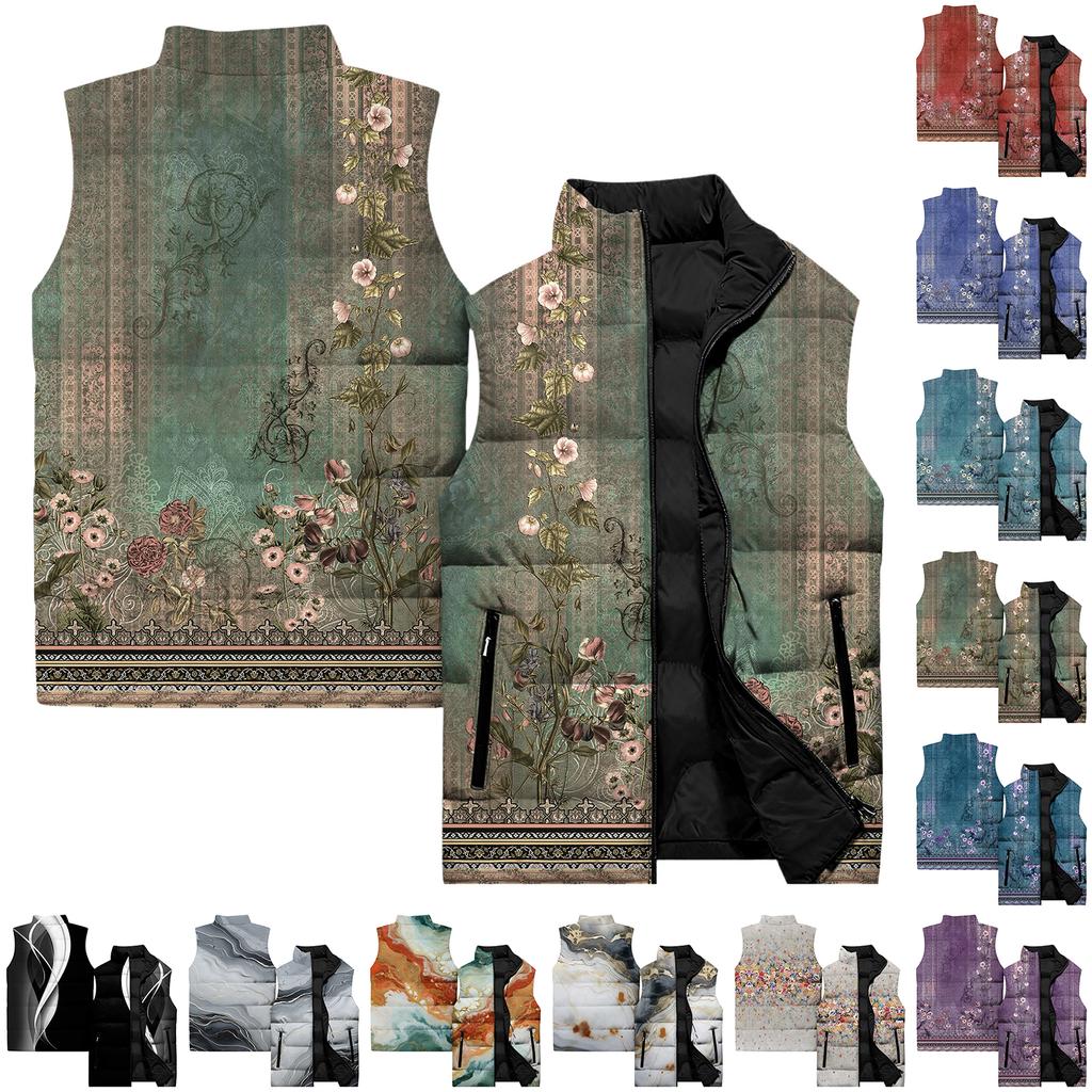 Ladies' Casual And Fashionable Sleeveless Vest Floral Pattern Printed Cotton Jacket