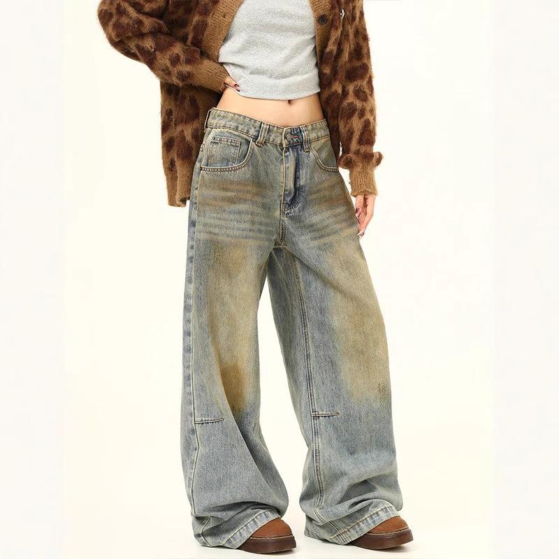 Унисекс Ретро Вываренные Потертые Джинсы Прямого Кроя - Свободная Посадка, Универсальные, Широкие Повседневные Брюки