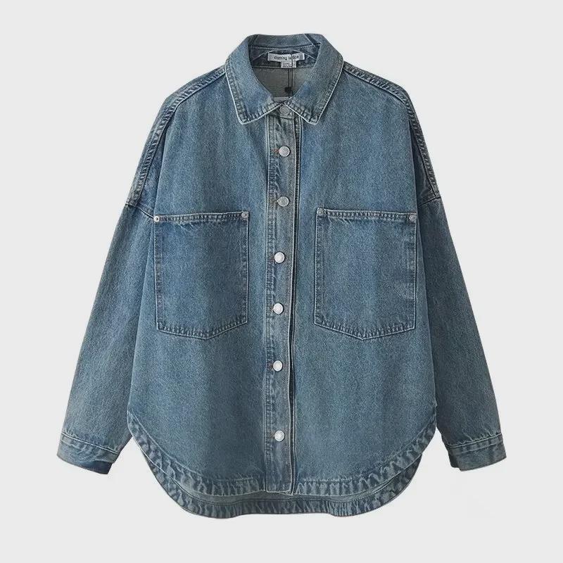 Women's European/American Style Washed Denim Shirt Jacket with Big Pockets