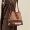 Canvas with Cowhide Bucket Bag Women's Plaid Crossbody Bag New Small Bag Shoulder Bag Trendy Bag
