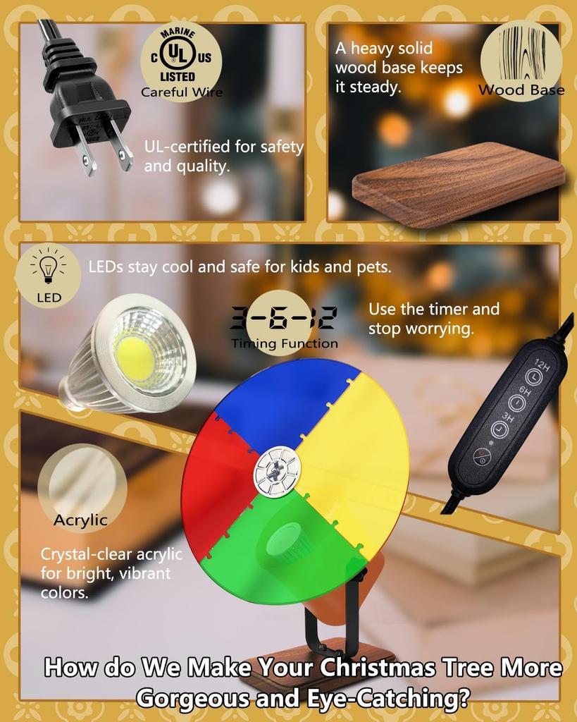 Christmas Tree Color Wheel E27 LED Light with Timer, Quiet Motor, Silver Tinsel Decor, Retro Holiday Gift