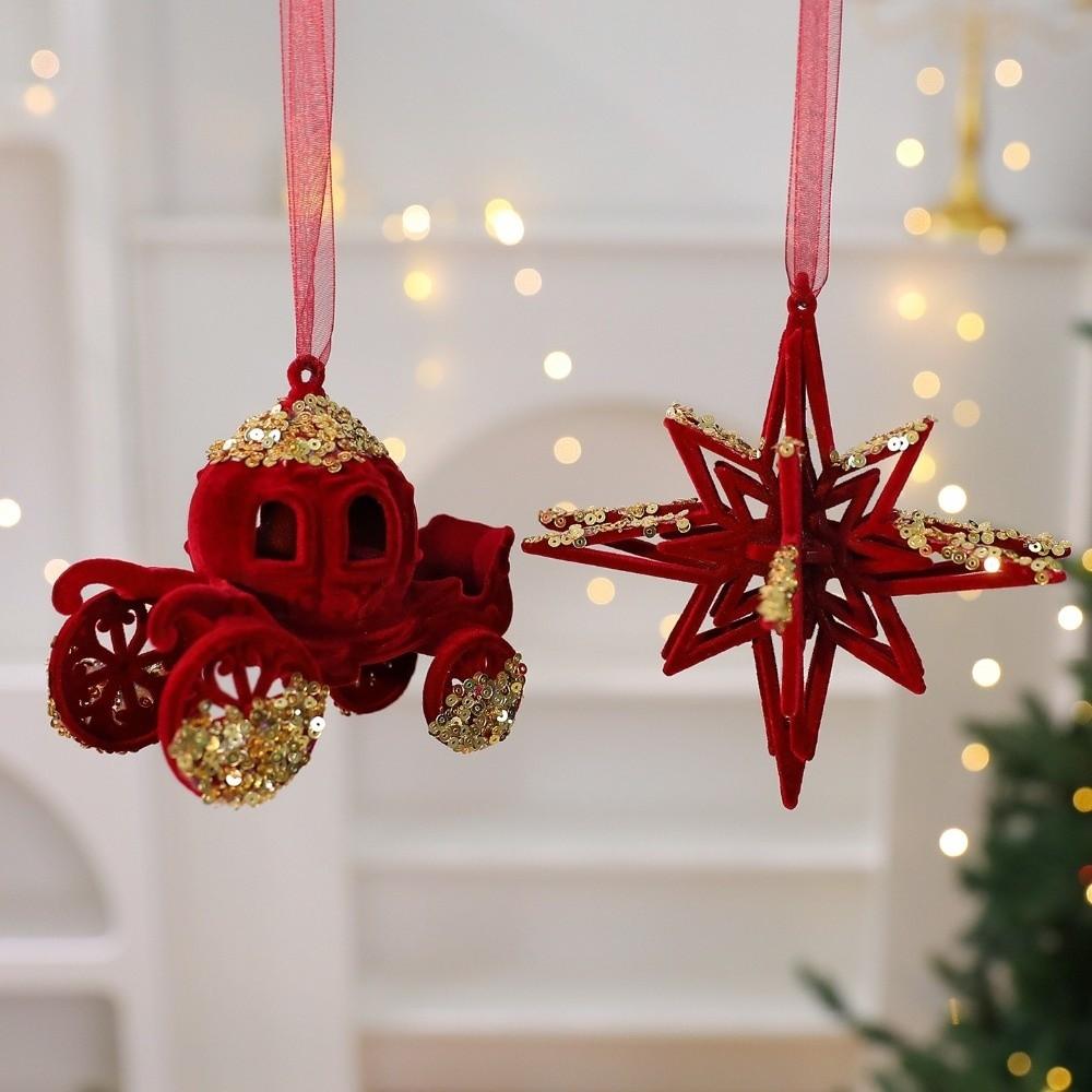 Wine Red Christmas Tree Pendant Glitter Bow Gold Sequin Snowflake Elk Hanging Ornaments Ice Bar Knot Girl Xmas Tree Pendant