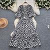 Elegant Vintage Floral Dress for Women Summer Lace Up Slim Waist Dresses Y2k Puff Sleeve Loose Dresses