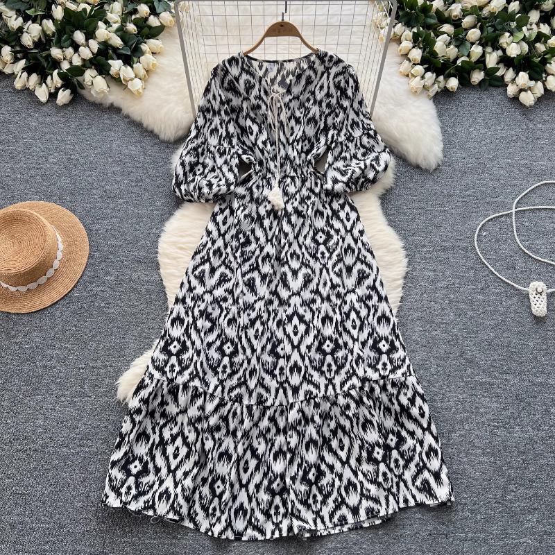 Elegant Vintage Floral Dress for Women Summer Lace Up Slim Waist Dresses Y2k Puff Sleeve Loose Dresses