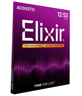 Струны для акустической гитары Elixir NANOWEB из фосфорной бронзы, калибр .012-.053, #16052