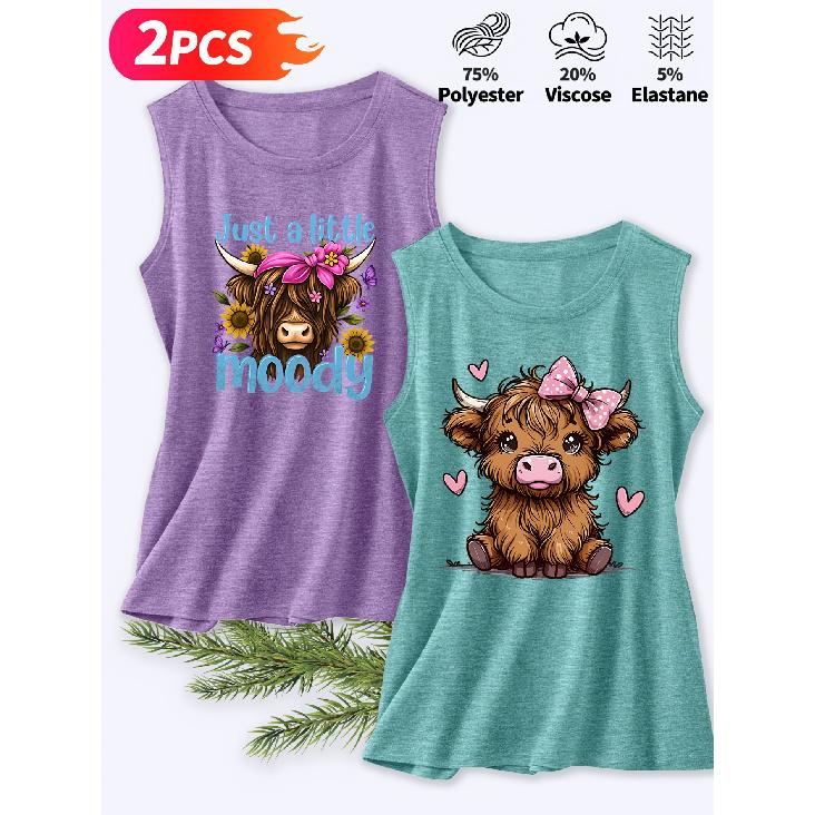 Follow a specific direction Two-piece women's vest set Highland Cow Cartoon Print Elegant Summer Party Outfits Sleeveless Vest Essential fashion