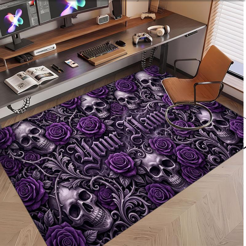 Skull Gothic Theme Soft Crystal Velvet Rug Custom Name & Text Print Non Slip Floor Rug for Bedroom Living Room