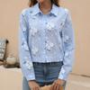 Women Cotton Linen Shirt Turn Down Collar Single Breasted Blouse White Yellow Blue Tops Long Sleeve Floral Printed Shirts
