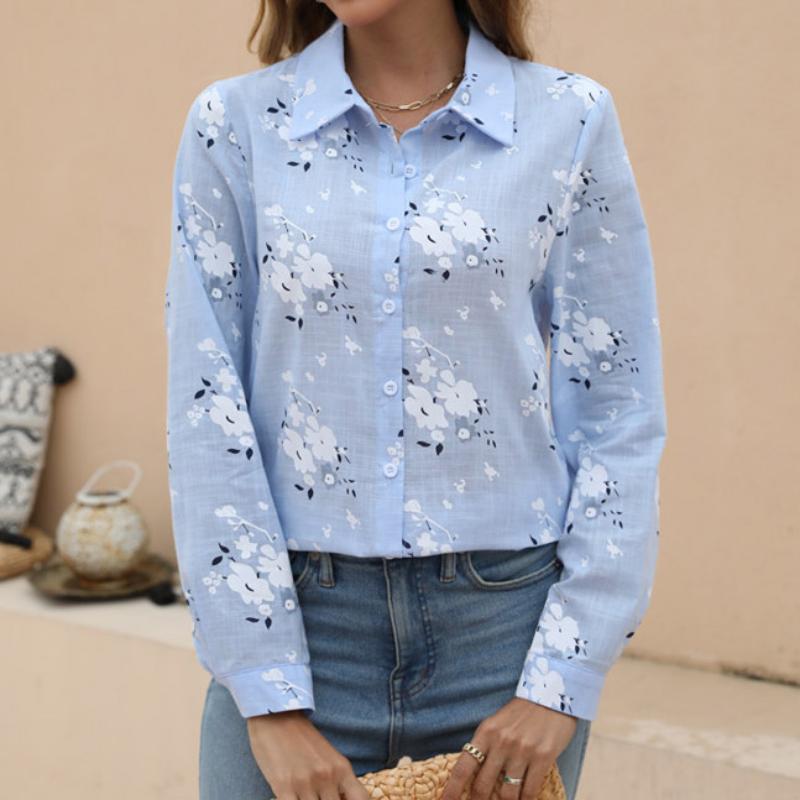 Women Cotton Linen Shirt Turn Down Collar Single Breasted Blouse White Yellow Blue Tops Long Sleeve Floral Printed Shirts