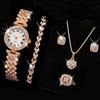 5 шт./компл., женский роскошный комплект ювелирных изделий с блестящими стразами, круглый циферблат, кварцевые часы, очаровательное ожерелье, серьги-гвоздики, комплект колец на палец