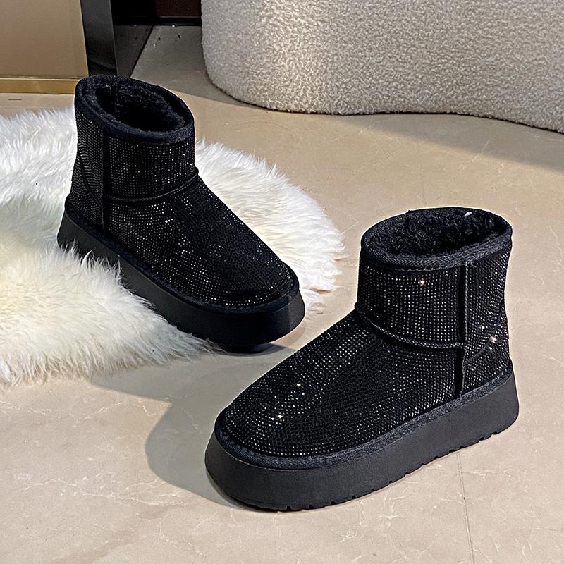 Fashion Women's New Winter Thick Soled Snow Boots Round Head Suede Rhinestone Anti-slip Wear-resistant Short Boots